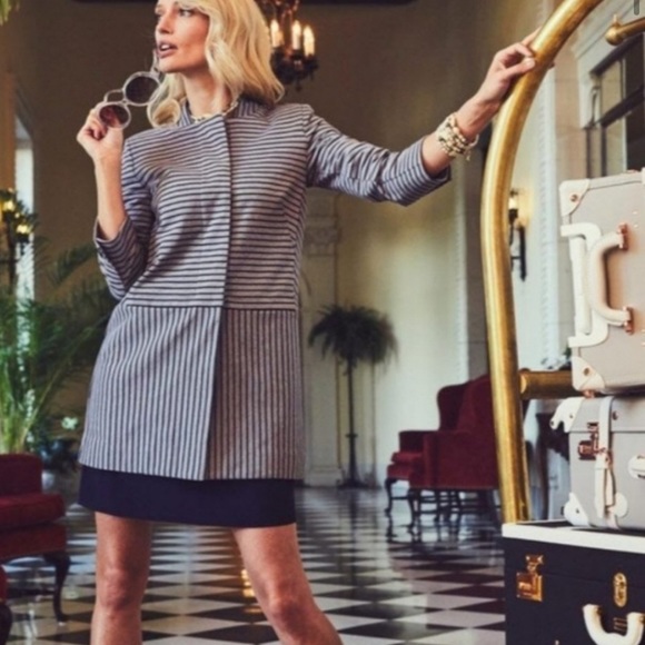 Cabi striped trench perfect “collarless car coat” jacket sz Large (B09) - Picture 2 of 16